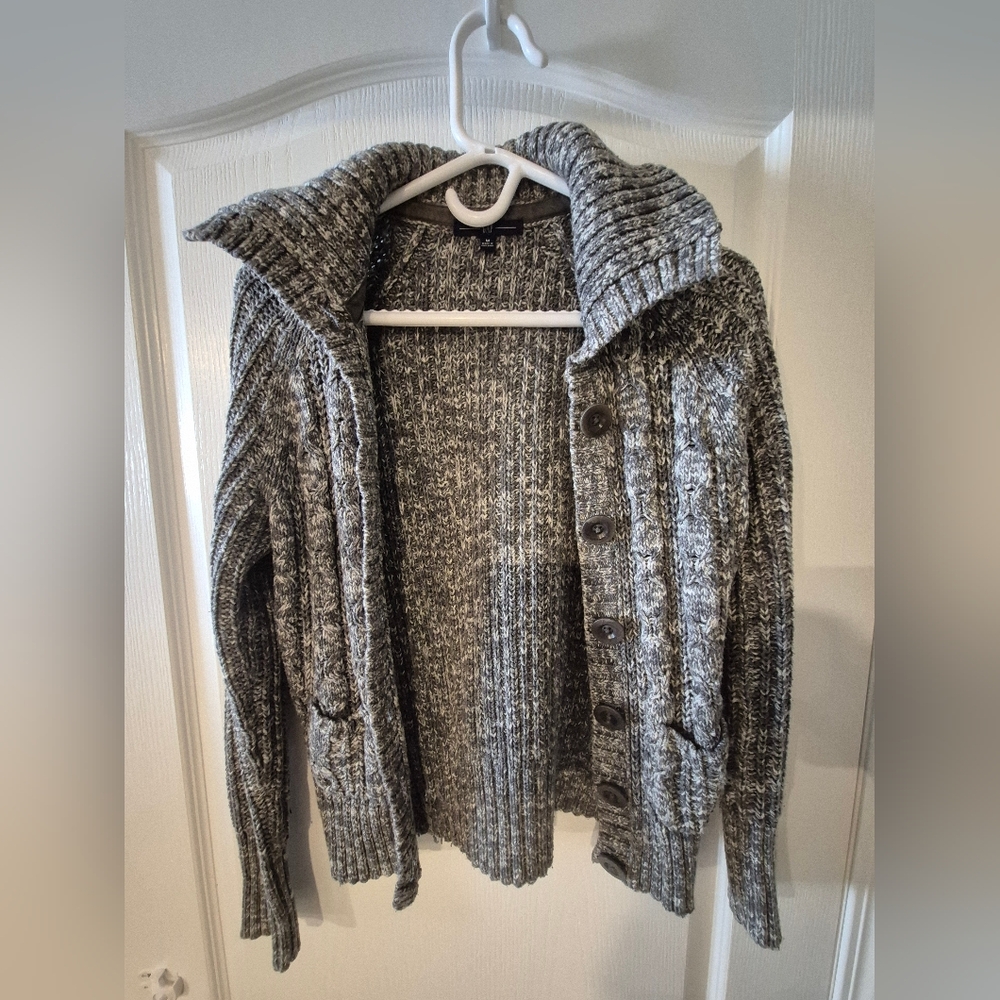 Gray Knit Cable Button-Up Cardigan